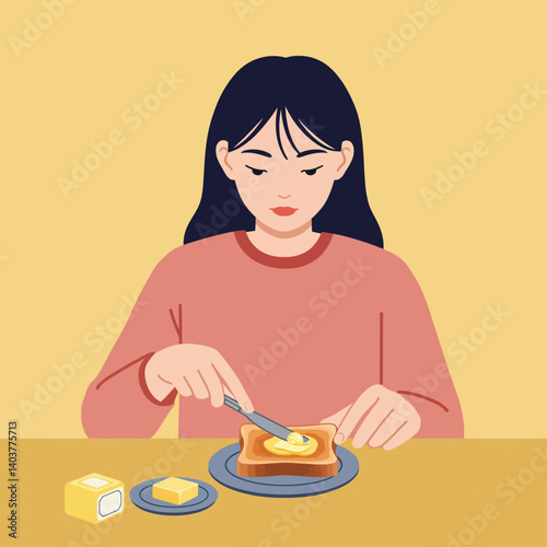 Woman Spreading Butter on Toast in Minimalist Style Vector Art
