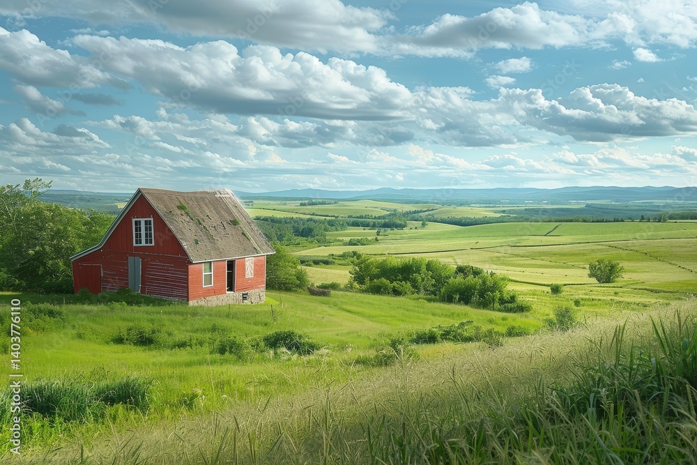 A red farmhouse with a barn sits on a grassy hill overlooking a vast field under a bright blue sky, An old farmhouse with a red barn and lush fields stretching into the distance A red farmhouse with a barn sits on a grassy hill overlooking a vast field under a bright blue sky, An old farmhouse with a red barn and lush fields stretching into the distance