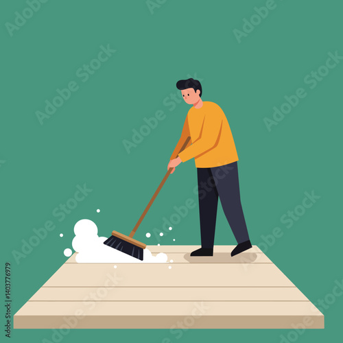 Person sweeping floor with broom in flat minimal vector art illustration