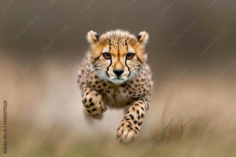 Obraz premium Baby cheetah runs swiftly across the grassy plains in an energetic display of youthful agility and spirit