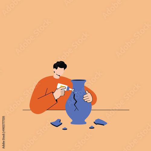 Person repairing a cracked vase in flat minimal vector art