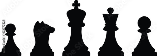 Chess Pieces Set Silhouettes Isolated on White Background Pawn Knight King Queen