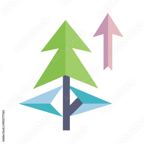 Origami Tree with Up Arrow Icon Representing Folding Progress and Growth in Paper Craft