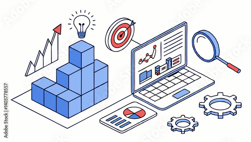 Achieve Business Growth with Data Driven Strategies Laptop graphs charts and magnifying glass illustrate data analysis for success Clean