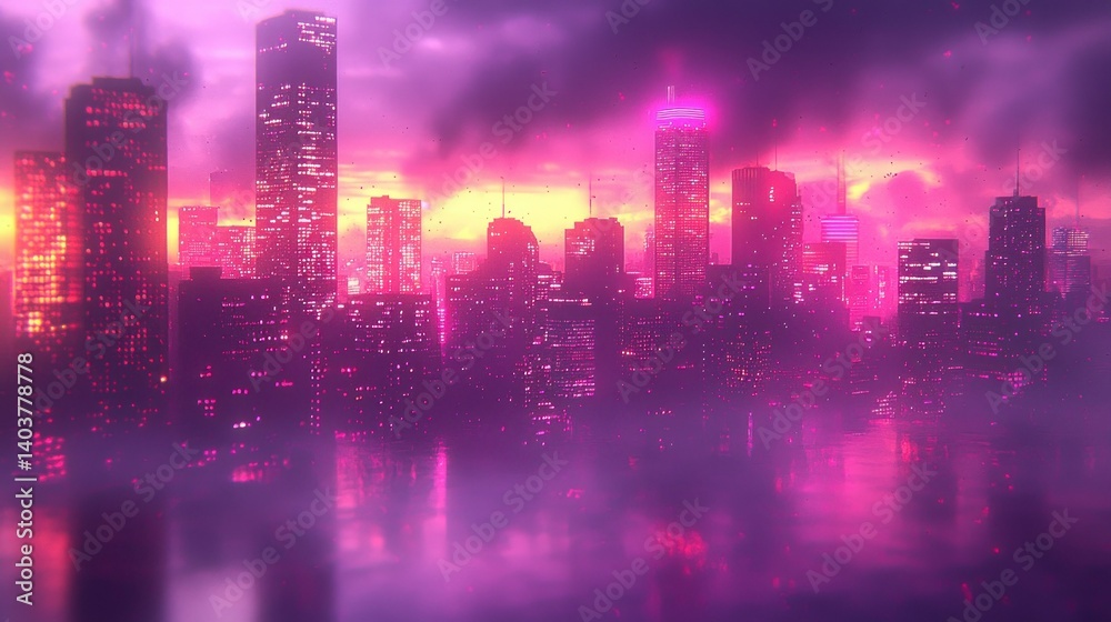 Fototapeta premium Synthwave Cityscape: Neon Lights Reflecting on Calm Waters at Sunset