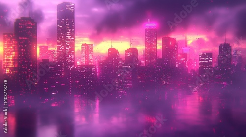 Wallpaper Mural Synthwave Cityscape: Neon Lights Reflecting on Calm Waters at Sunset Torontodigital.ca