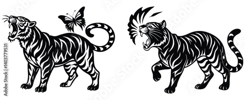 Tiger silhouette walking through a bamboo forest, its face illuminated softly with a child's innocence
