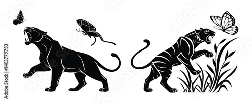 Tiger silhouette walking through a bamboo forest, its face illuminated softly with a child's innocence