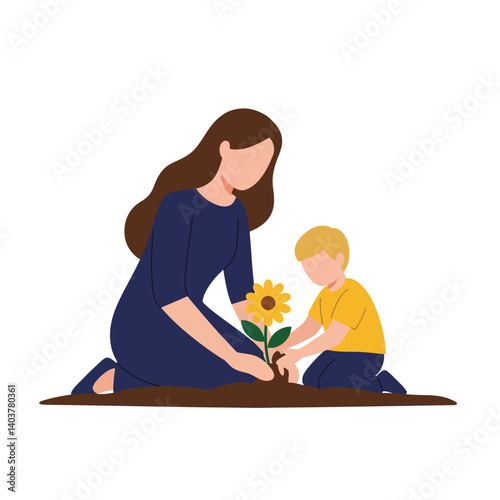 Mother and child planting a flower in a garden flat vector illustration