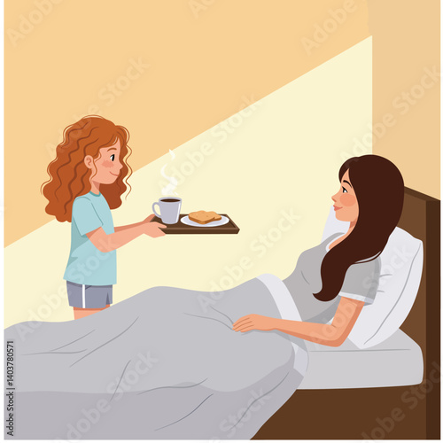 Child serving breakfast in bed to mother in flat vector illustration