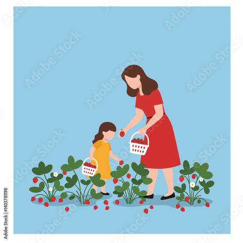 Mother and daughter picking strawberries in a garden flat vector illustration