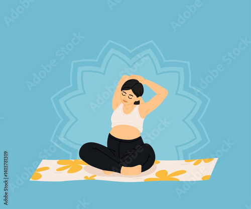 Pregnant women doing prenatal yoga exercises set. Mothers with bellies at fitness workout during pregnancy. Stretching gymnastics for moms. Flat vector illustration isolated on white background