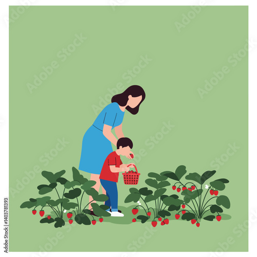 Mother and child picking strawberries in a garden flat vector illustration