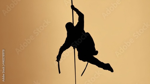 Ninja warrior performs dynamic swing from rope against sunset backdrop