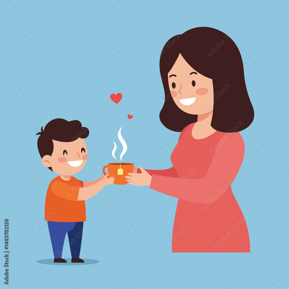 Child presenting a warm beverage to a smiling mother in flat vector art Child presenting a warm beverage to a smiling mother in flat vector art