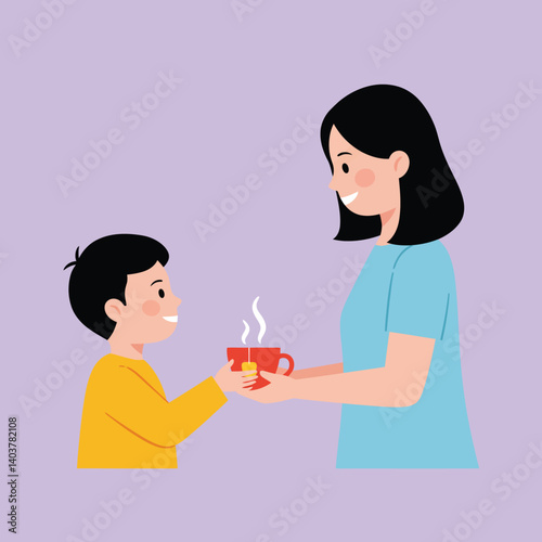 Child happily receiving warm drink from mother in minimal vector illustration