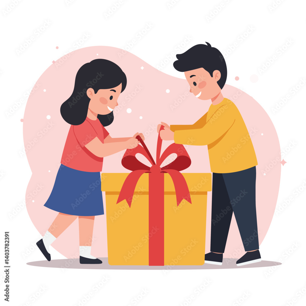 Two children joyfully unwrapping a gift in a cheerful flat vector illustration Two children joyfully unwrapping a gift in a cheerful flat vector illustration