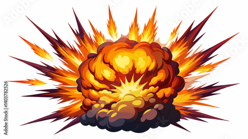 Realistic fiery explosion with colorful streaks. Large fireball with black smoke on white background.