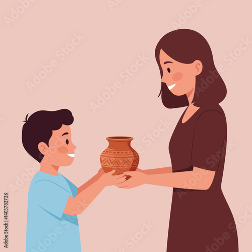 Child and mother exchanging a decorative pot in flat vector art