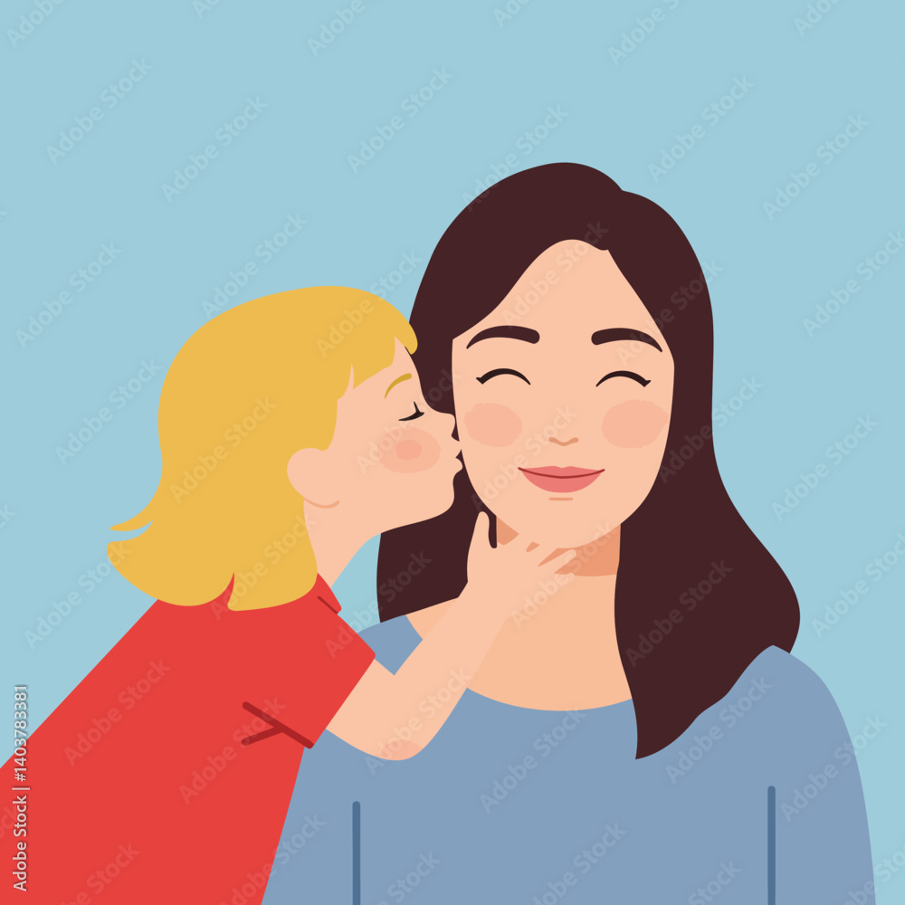 Child Kissing Mother in Flat Design Style Vector Art Child Kissing Mother in Flat Design Style Vector Art