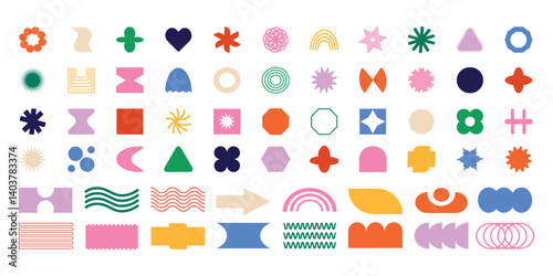 A vector set of brutalist geometric shapes, featuring trendy abstract minimalist figures such as stars, flowers, and circles. Modern abstract