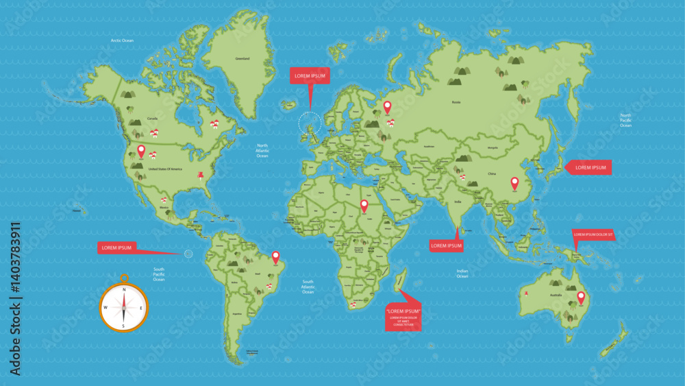 Naklejka premium Global Pin Map: A detailed world map marked with pins, pinpointing various locations with a compass emphasizing direction, all in a visually appealing flat design.
