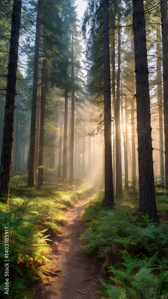 Fototapeta premium Path through a coniferous forest with sunbeams cutting through morning fog, peaceful and cool-toned environment