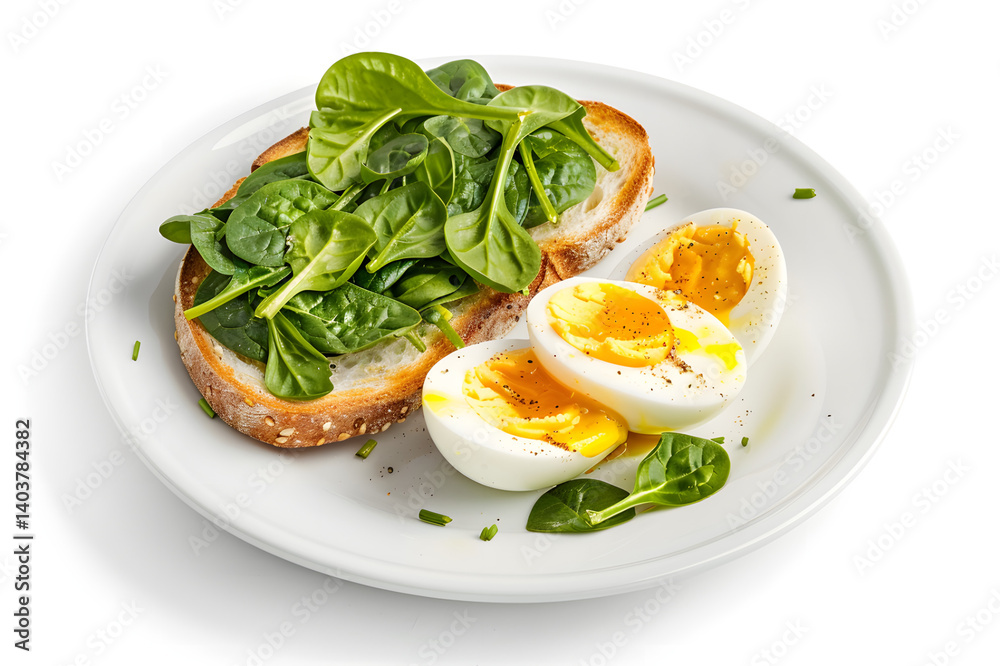 Boiled egg with avocado toast on white background Boiled egg with avocado toast on white background