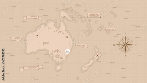 Vintage Map of Australia: An intricate illustration of Australia featuring stylized text labels, a compass rose, and various landforms, all rendered in a classic vintage aesthetic.  