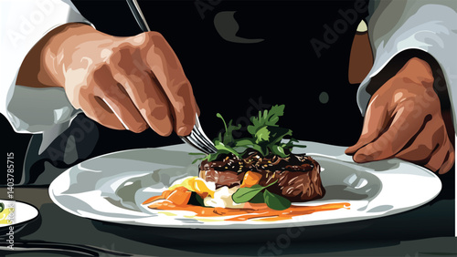 Chef Plating Gourmet Dish in Kitchen.eps