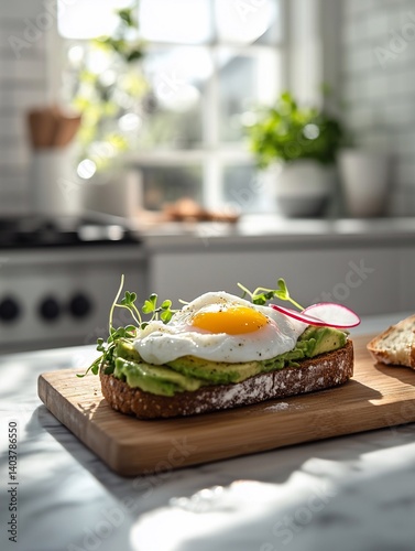 A fresh avocado toast on whole-grain bread, topped with poached eggs, radish slices, and microgreens.