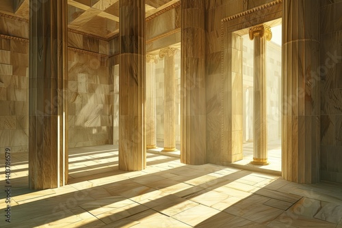 A sunlit interior of a Greek temple, featuring columns and a bright, airy atmosphere, Play with light and shadow to evoke the timeless beauty of Greek architecture in a digital artwork
