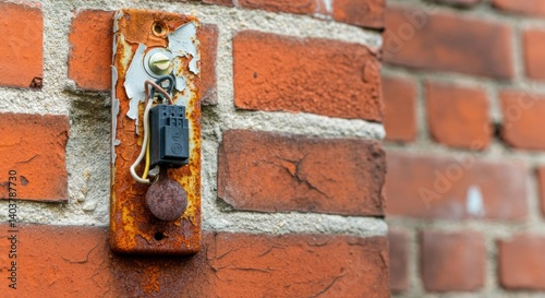 Vintage rusty doorbell on weathered brick wall with peeling paint