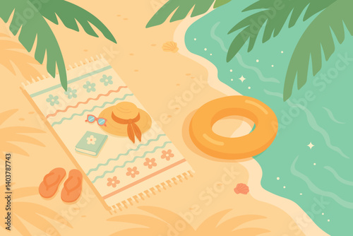 Cartoon beach illustration with towel, hat, flip flops and inflatable ring on tropical coast.