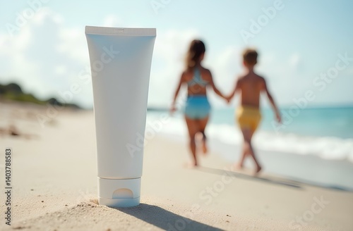 Mockup of a sunscreen spf creme tube standing on a beach sand, on the background running kids to the sea, product advertise