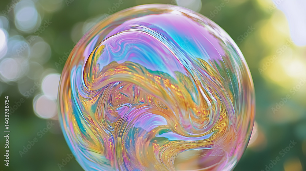 Fototapeta premium Detailed view of swirling iridescent patterns on a large soap bubble.