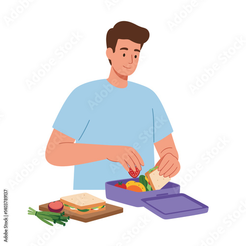 Young man preparing a healthy lunchbox in flat vector illustration