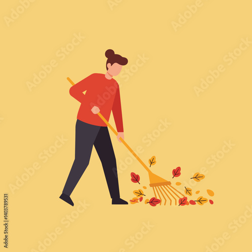 Person raking colorful leaves in a minimal flat design vector art