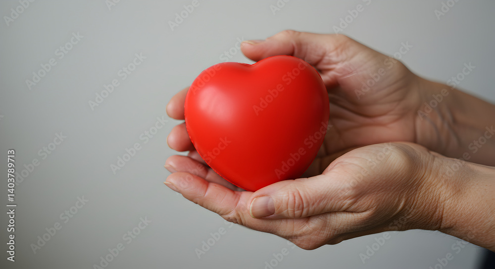 Fototapeta premium Red Heart Shape Held in Gentle Hands Expressing Love and Care Against a Neutral Background Symbolizing Health and Affection