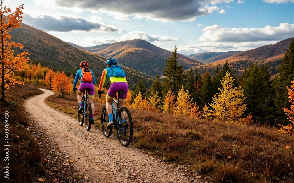 Couple cycling through autumn forest path surrounded by colorful foliage and scenic mountains Couple cycling through autumn forest path surrounded by colorful foliage and scenic mountains