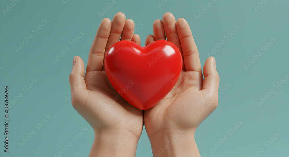Red Heart Held in Two Hands Against Blue Background Concept For Health and Love Red Heart Held in Two Hands Against Blue Background Concept For Health and Love