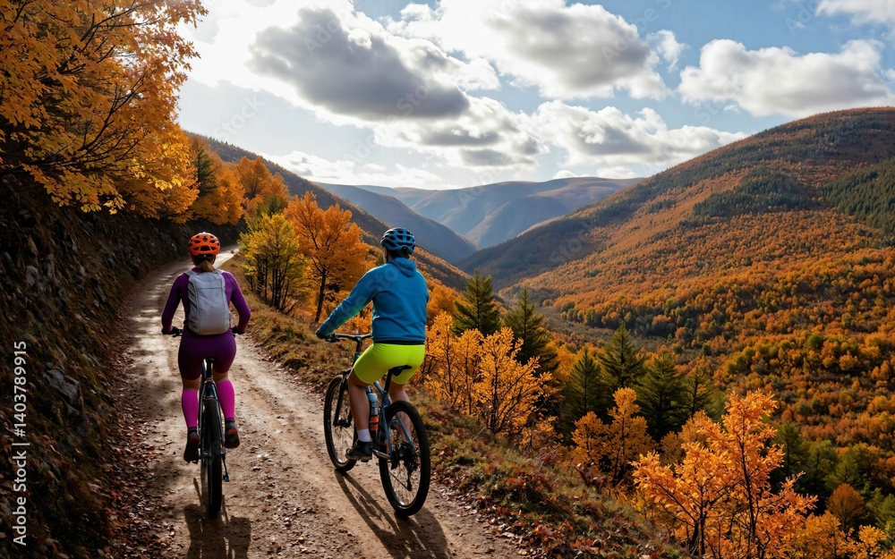 Fototapeta premium Couple cycling through autumn forest path surrounded by colorful foliage and scenic mountains
