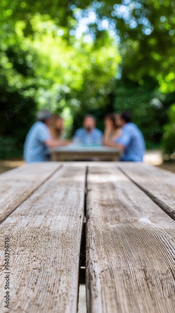 Rustic Wooden Picnic Table with Blurred Group of Friends Enjoying Sunny Day in Lush Green Park Rustic Wooden Picnic Table with Blurred Group of Friends Enjoying Sunny Day in Lush Green Park