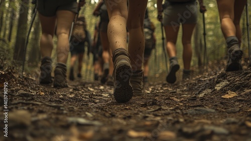 Group of Hikers Trek Through Muddy Forest Trail Surrounded by Tall Trees During an Overcast Day