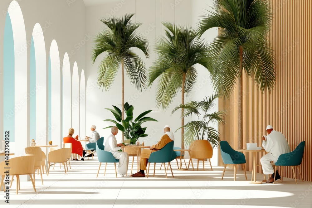 Fototapeta premium Elegant indoor cafe with serene atmosphere and modern decor in bright daylight