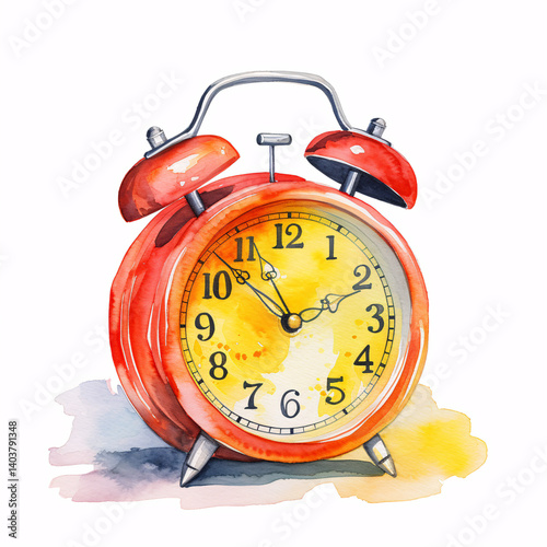 watercolor illustration of red vintage alarm clock with yellow face and metallic bells, surrounded by colorful paint splashes, artistic retro design for decor and creative projects