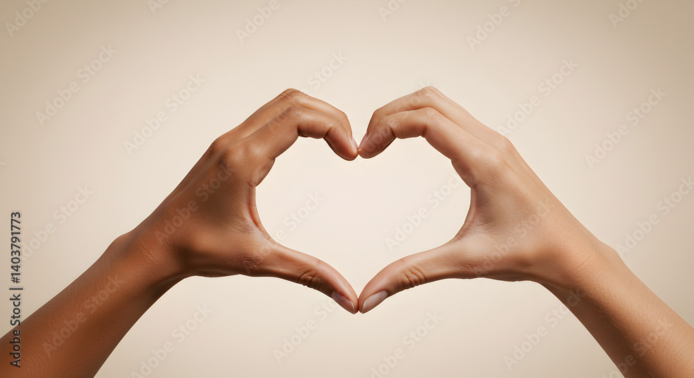 Obraz premium Interracial Hands Forming Heart Shape Symbolizing Love and Unity Against Light Beige Background