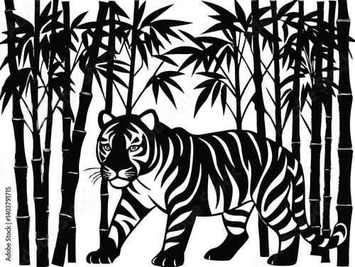 Tiger silhouette walking through a bamboo forest, its face illuminated softly with a child's innocence