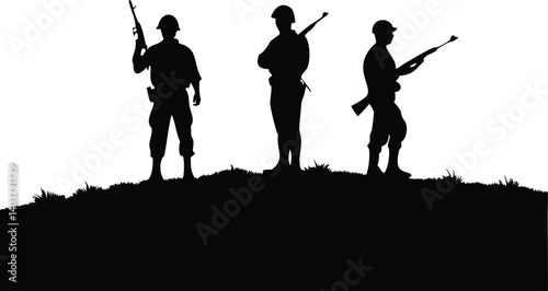 Soldiers Silhouette with Rifle on Hill in Monochrome with Transparent Background