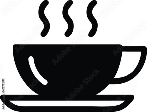 Steaming Coffee Cup Icon on Saucer in Black Silhouette with Transparent Background